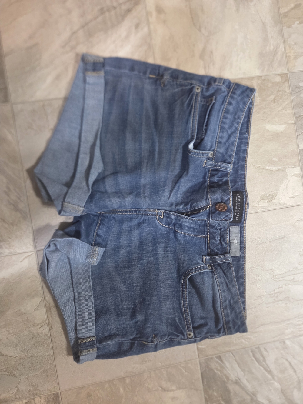 Aeropostale Women's Midi Rolled Hem Denim Shorts - Blue Wash